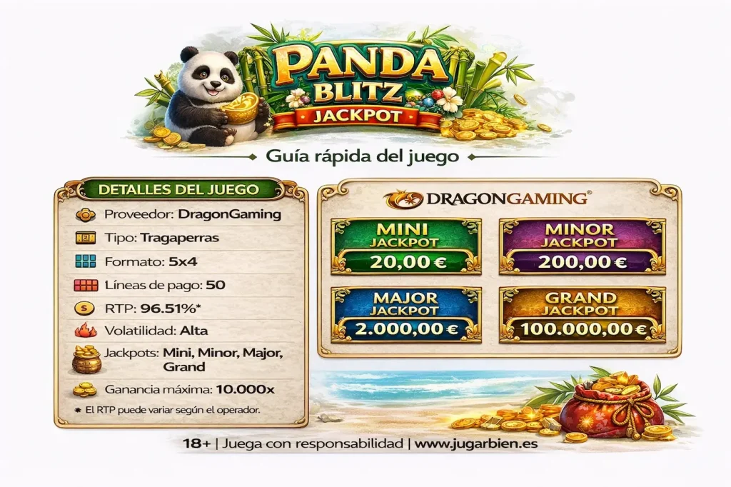 Tragaperras Panda Blitz Jackpot con detalles técnicos del juego.