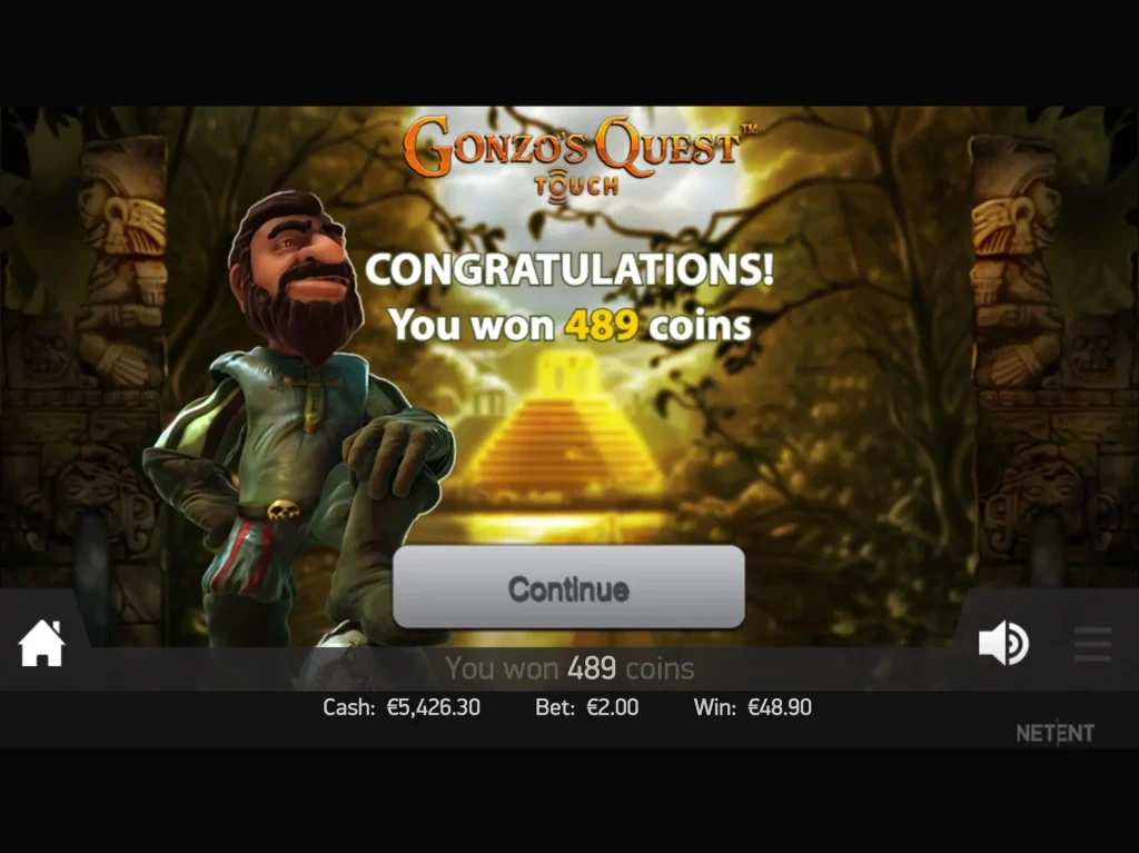 Momento de big win de la slot Gonzo,s Quest