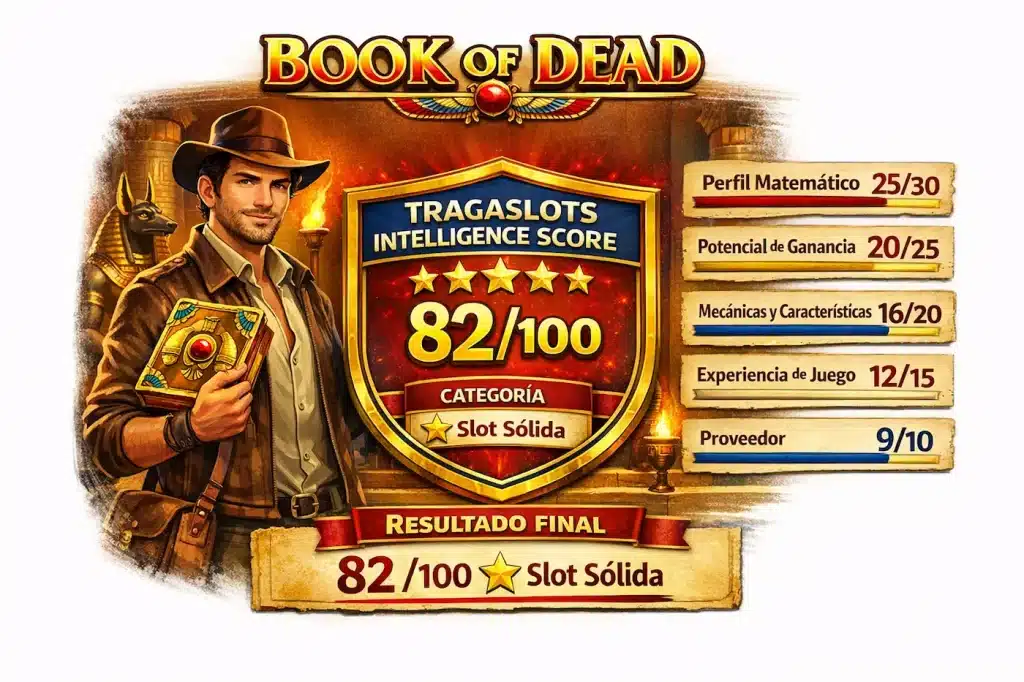 Book of Dead TragaSlots Intelligence Score con puntuación de 82 sobre 100. 