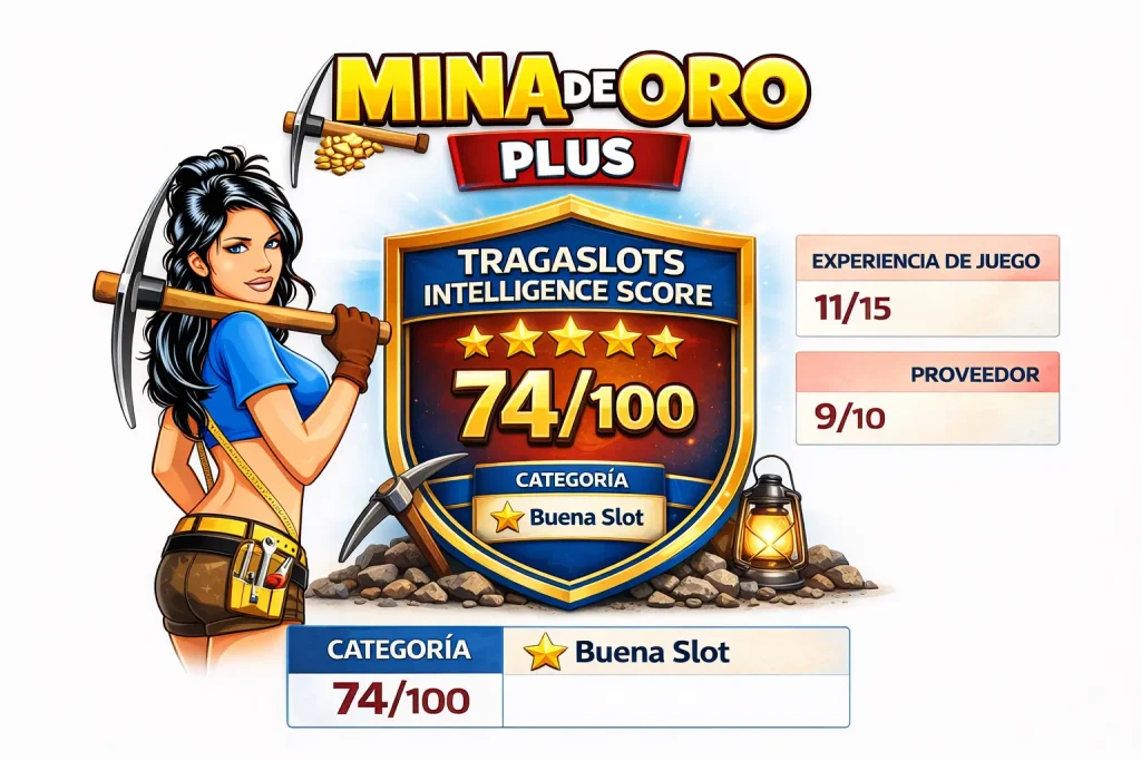 Mina de Oro Plus Slot – TragaSlots Intelligence Score 74100 Puntuación TragaSlots Intelligence Score de la slot Mina de Oro Plus con análisis del perfil matemático, potencial de ganancia y experiencia de juego