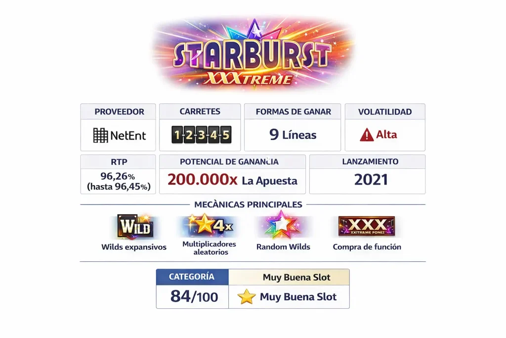 Infografía de la tragaperras Starburst XXXtreme de NetEnt con RTP hasta 96,45%, volatilidad alta, potencial máximo de 200.000x la apuesta y puntuación TragaSlots Intelligence Score (TIS) de 84/100.
