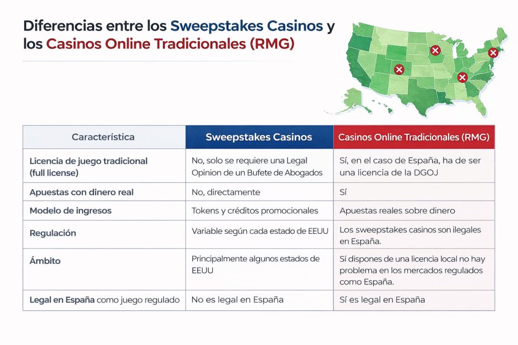 Comparativa entre sweepstakes casinos en Estados Unidos y casinos online con licencia en España, incluyendo diferencias de regulación, modelo de juego y uso de dinero real.